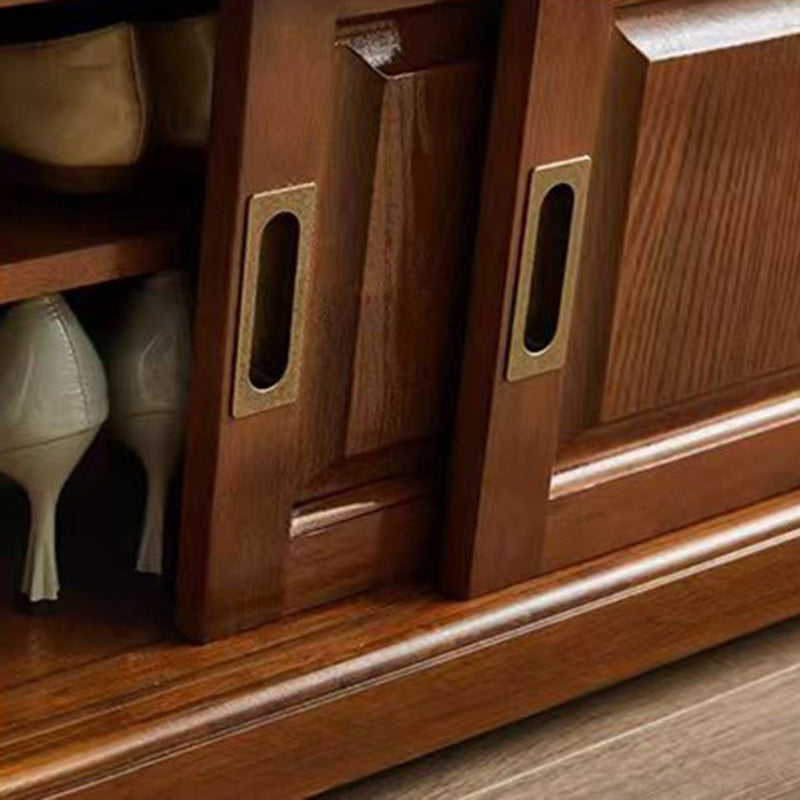 Banc à chaussures rectangulaire en bois massif chinois traditionnel, cuir de vache de deuxième couche, 2 espaces de rangement pour salon 