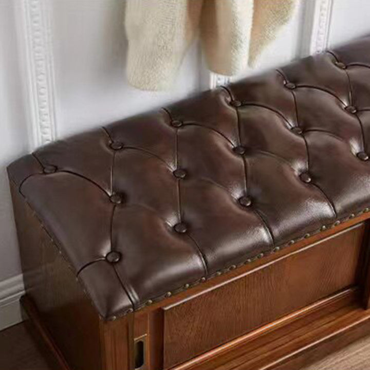 Banc à chaussures rectangulaire en bois massif chinois traditionnel, cuir de vache de deuxième couche, 2 espaces de rangement pour salon 