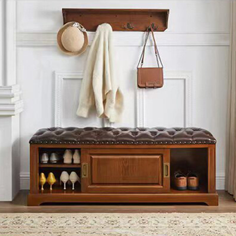 Banc à chaussures rectangulaire en bois massif chinois traditionnel, cuir de vache de deuxième couche, 2 espaces de rangement pour salon 