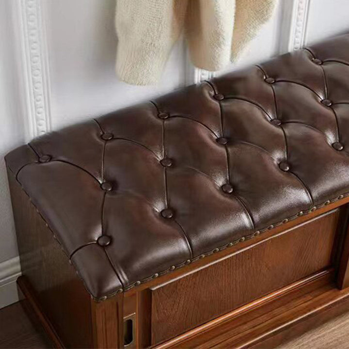 Banc à chaussures rectangulaire en bois massif chinois traditionnel, cuir de vache de deuxième couche, 2 espaces de rangement pour salon 