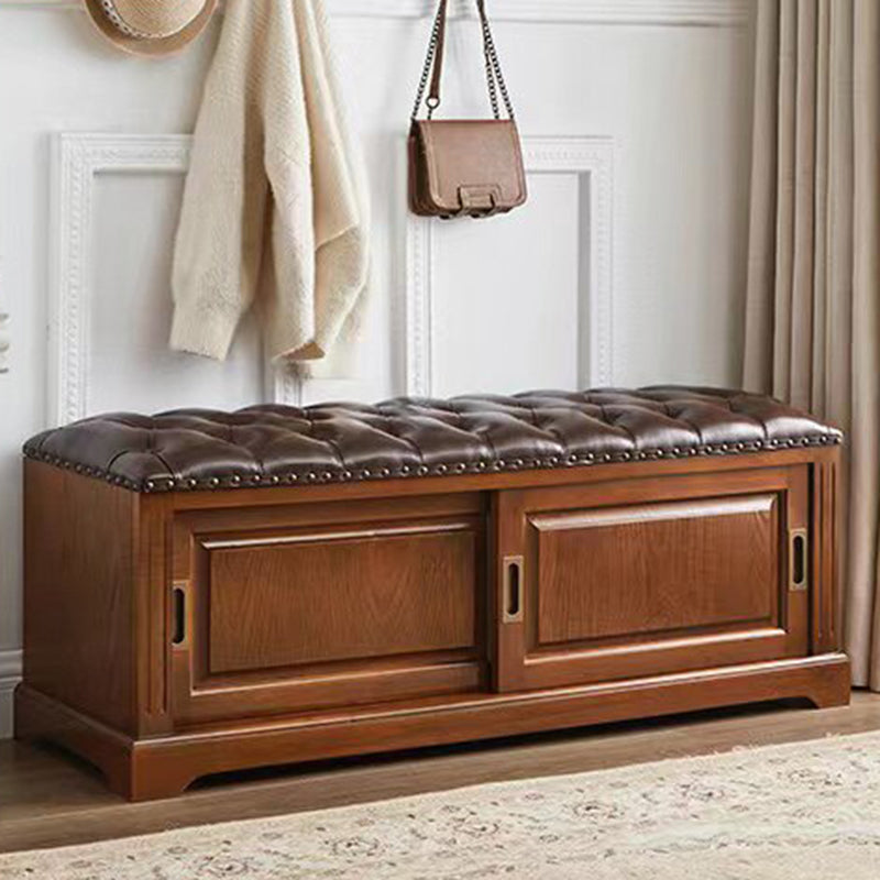 Banc à chaussures rectangulaire en bois massif chinois traditionnel, cuir de vache de deuxième couche, 2 espaces de rangement pour salon 