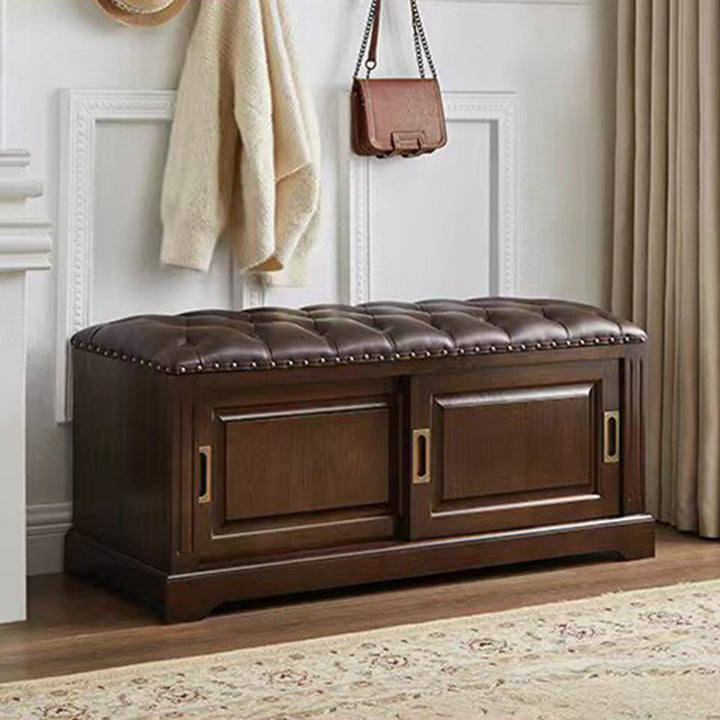 Banc à chaussures rectangulaire en bois massif chinois traditionnel, cuir de vache de deuxième couche, 2 espaces de rangement pour salon 