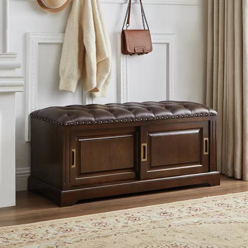 Banc à chaussures rectangulaire en bois massif chinois traditionnel, cuir de vache de deuxième couche, 2 espaces de rangement pour salon 