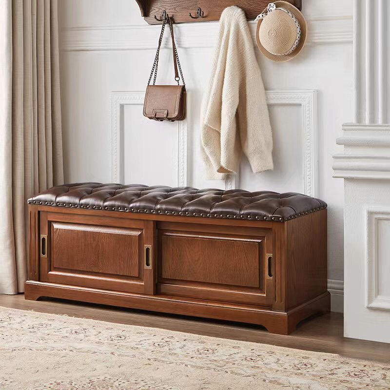 Banc à chaussures rectangulaire en bois massif chinois traditionnel, cuir de vache de deuxième couche, 2 espaces de rangement pour salon 