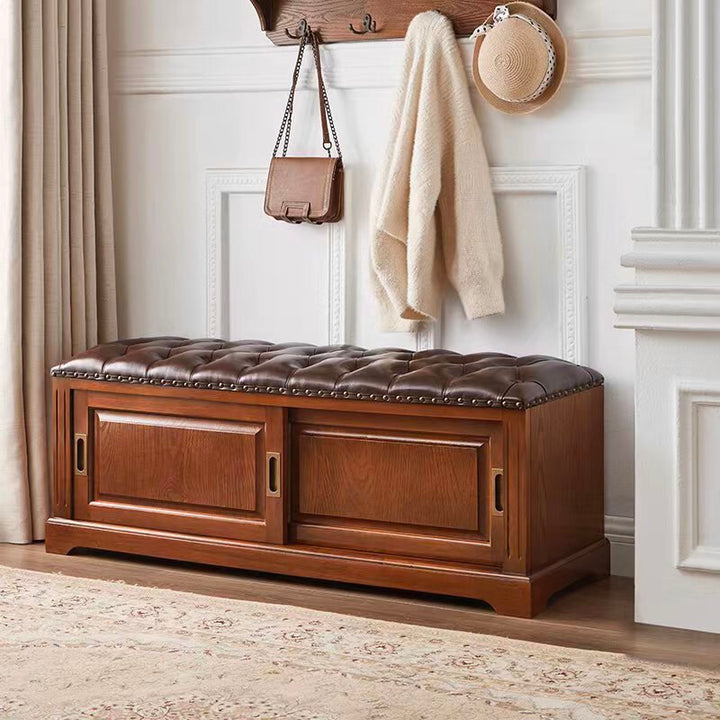 Banc à chaussures rectangulaire en bois massif chinois traditionnel, cuir de vache de deuxième couche, 2 espaces de rangement pour salon 