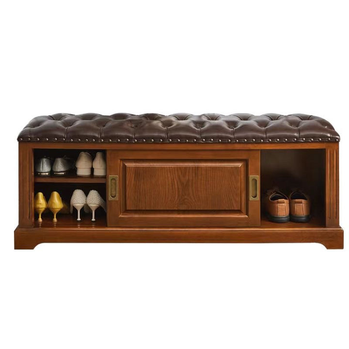 Banc à chaussures rectangulaire en bois massif chinois traditionnel, cuir de vache de deuxième couche, 2 espaces de rangement pour salon 