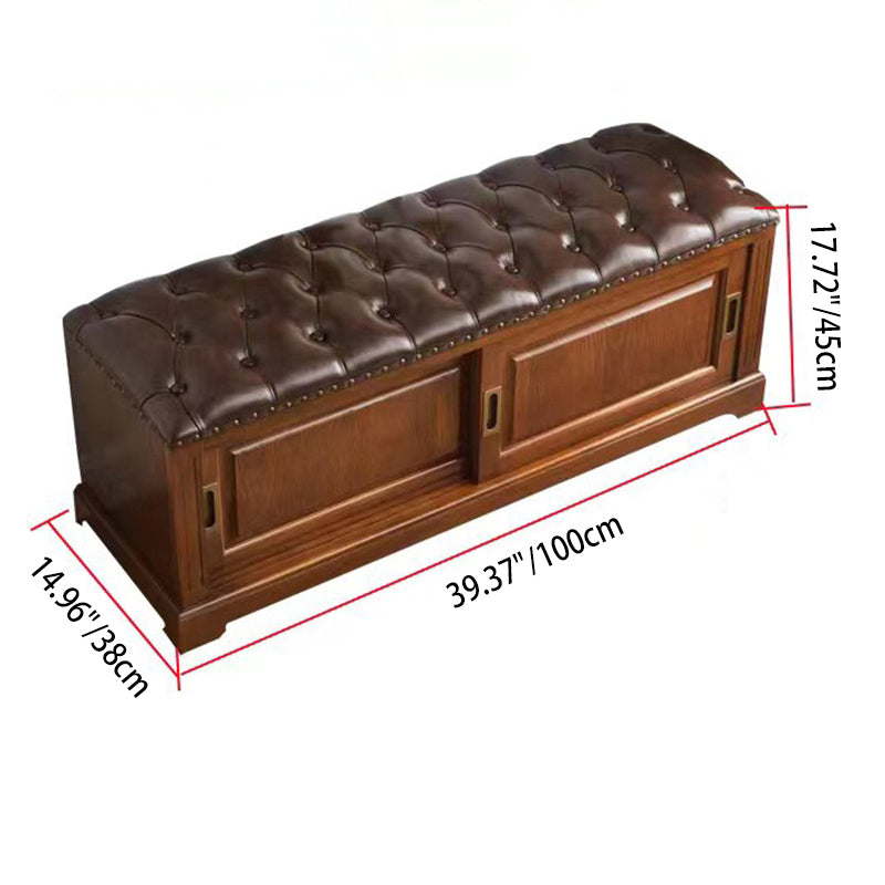 Banc à chaussures rectangulaire en bois massif chinois traditionnel, cuir de vache de deuxième couche, 2 espaces de rangement pour salon 