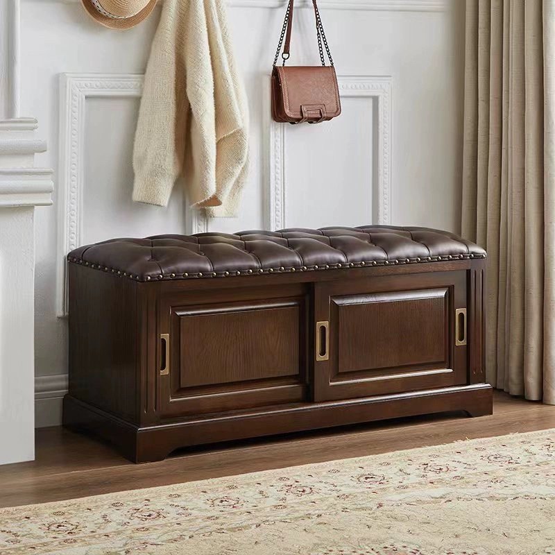 Banc à chaussures rectangulaire en bois massif chinois traditionnel, cuir de vache de deuxième couche, 2 espaces de rangement pour salon 