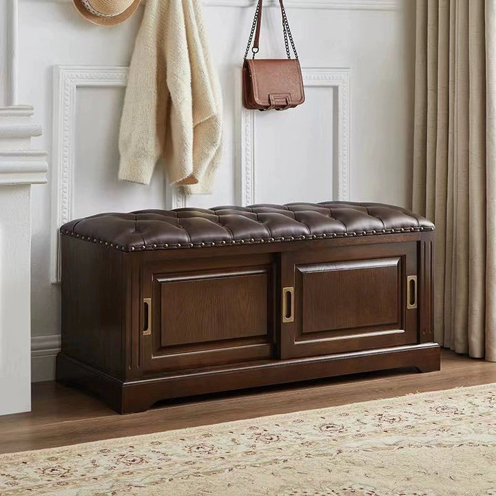 Banc à chaussures rectangulaire en bois massif chinois traditionnel, cuir de vache de deuxième couche, 2 espaces de rangement pour salon 