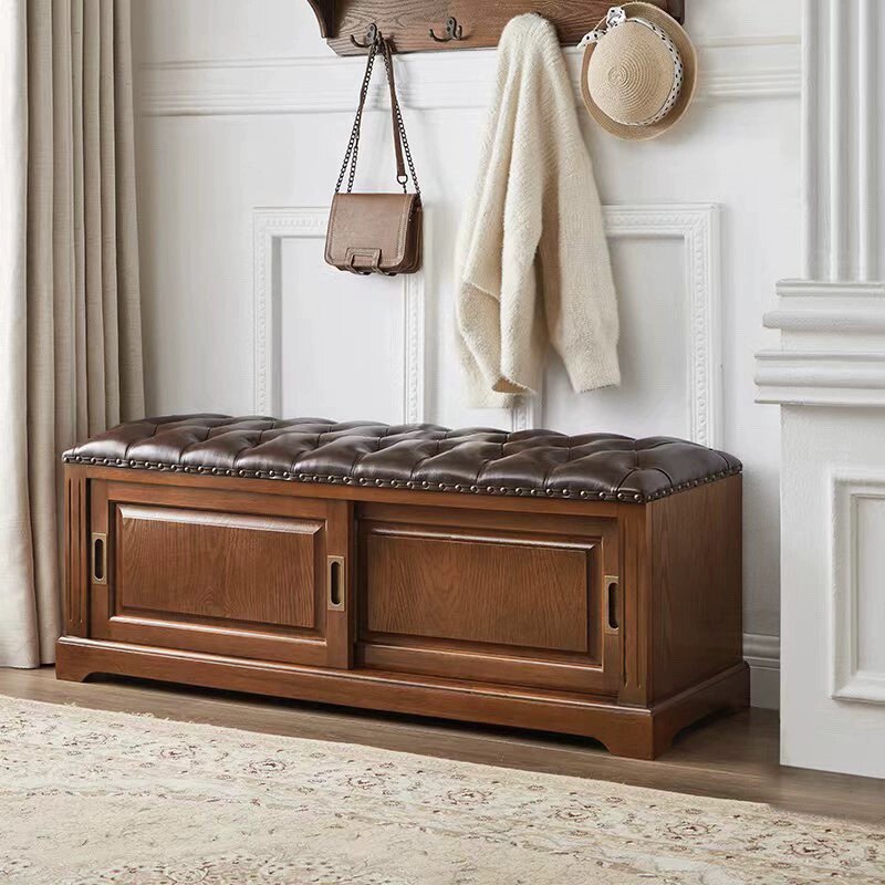 Banc à chaussures rectangulaire en bois massif chinois traditionnel, cuir de vache de deuxième couche, 2 espaces de rangement pour salon 