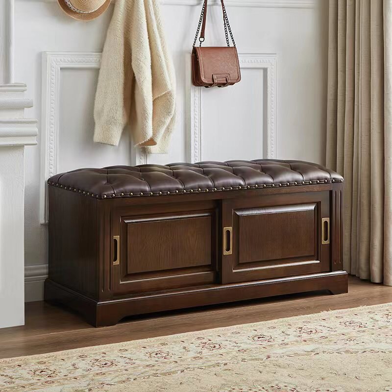 Banc à chaussures rectangulaire en bois massif chinois traditionnel, cuir de vache de deuxième couche, 2 espaces de rangement pour salon 