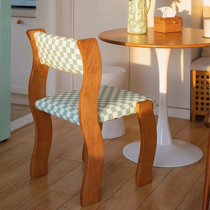 Traditional French Rubberwood Cotton Linen Curved Square Dining Chair With Backrest For Dining Room