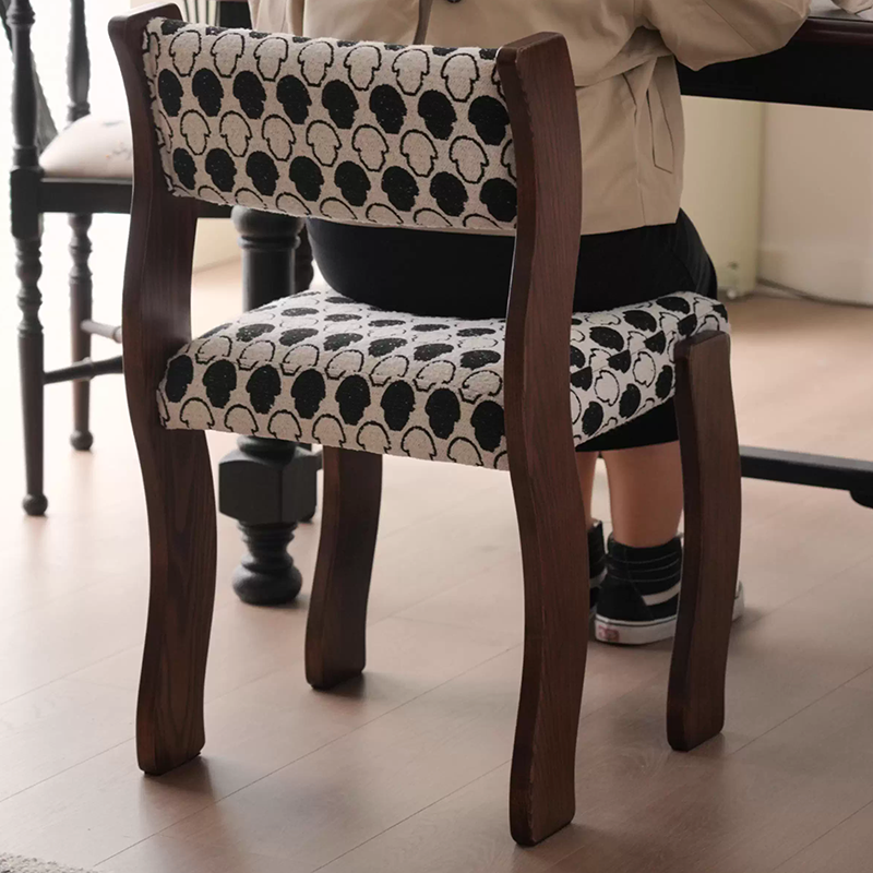 Traditional French Rubberwood Cotton Linen Curved Square Dining Chair With Backrest For Dining Room