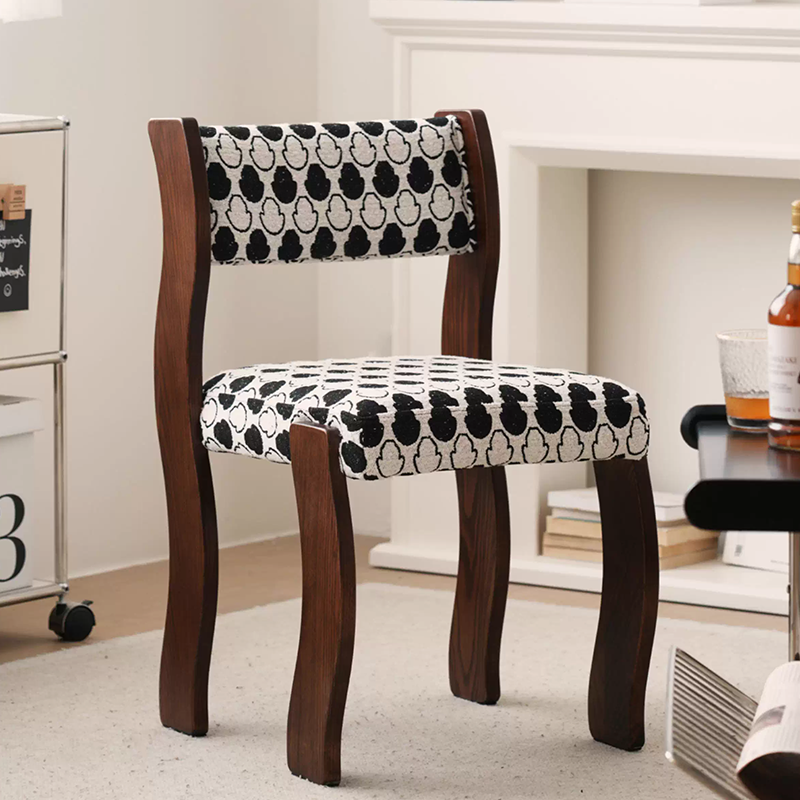 Traditional French Rubberwood Cotton Linen Curved Square Dining Chair With Backrest For Dining Room