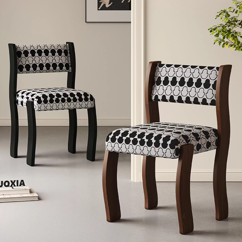 Traditional French Rubberwood Cotton Linen Curved Square Dining Chair With Backrest For Dining Room