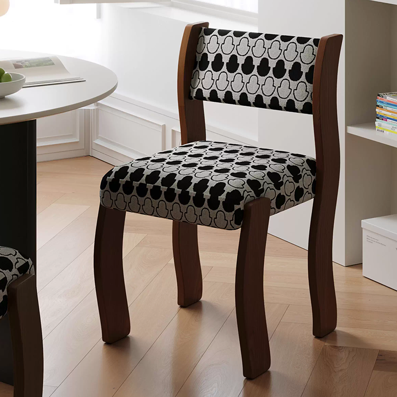 Traditional French Rubberwood Cotton Linen Curved Square Dining Chair With Backrest For Dining Room