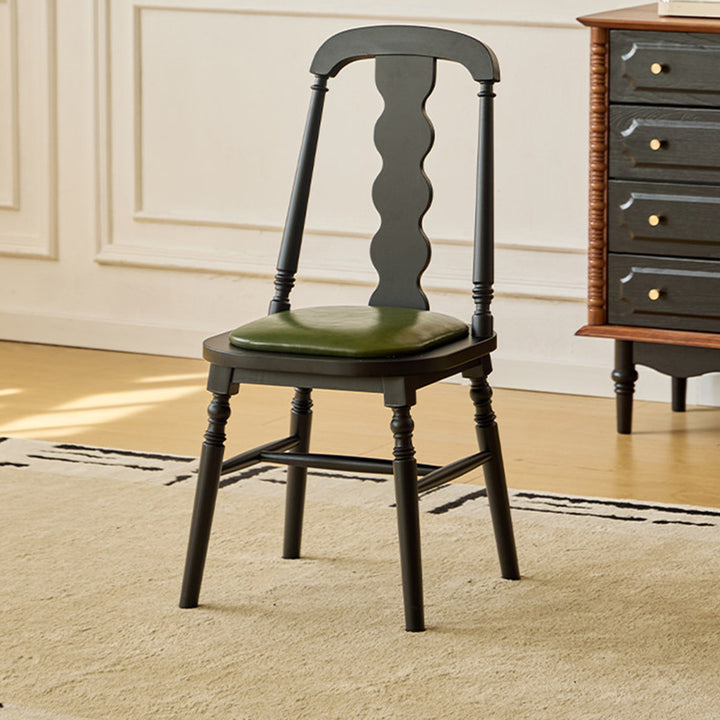 Chaise de salle à manger carrée cylindrique en bois d’hévéa vintage traditionnel avec revêtement en PU cuir et dossier, pour salle à manger 
