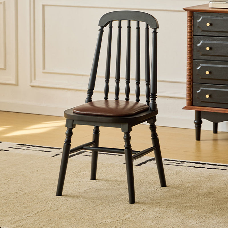 Chaise de salle à manger carrée cylindrique en bois d’hévéa vintage traditionnel avec revêtement en PU cuir et dossier, pour salle à manger 