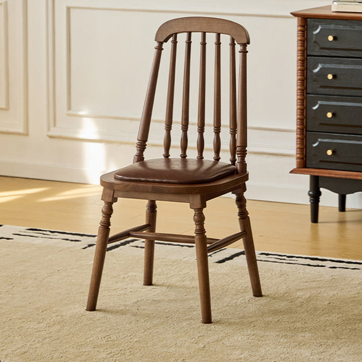 Chaise de salle à manger carrée cylindrique en bois d’hévéa vintage traditionnel avec revêtement en PU cuir et dossier, pour salle à manger 