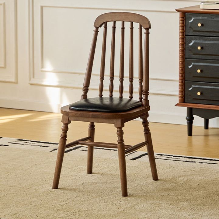 Chaise de salle à manger carrée cylindrique en bois d’hévéa vintage traditionnel avec revêtement en PU cuir et dossier, pour salle à manger 