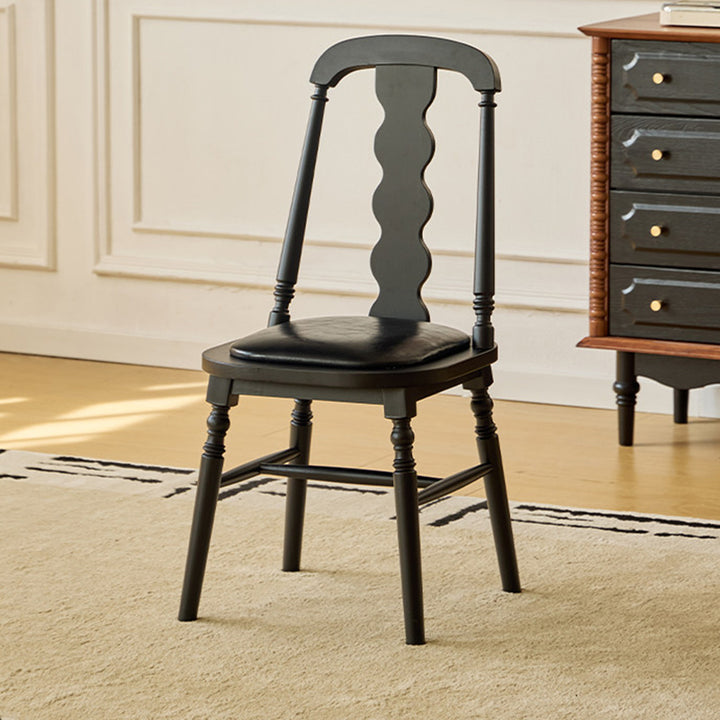 Chaise de salle à manger carrée cylindrique en bois d’hévéa vintage traditionnel avec revêtement en PU cuir et dossier, pour salle à manger 