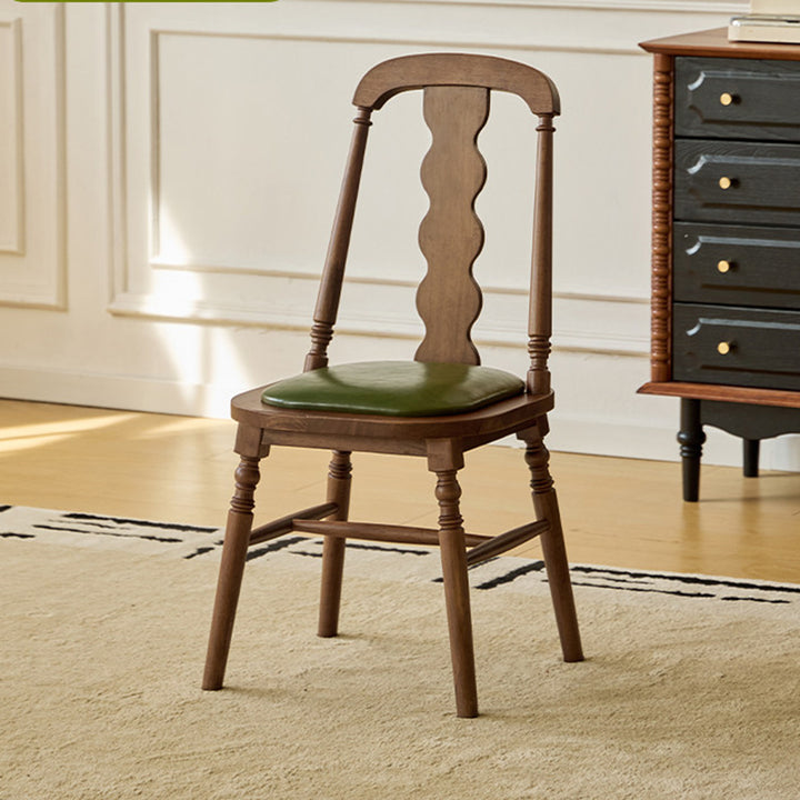 Chaise de salle à manger carrée cylindrique en bois d’hévéa vintage traditionnel avec revêtement en PU cuir et dossier, pour salle à manger 