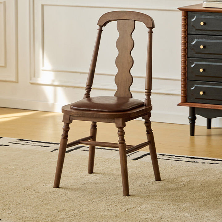 Chaise de salle à manger carrée cylindrique en bois d’hévéa vintage traditionnel avec revêtement en PU cuir et dossier, pour salle à manger 