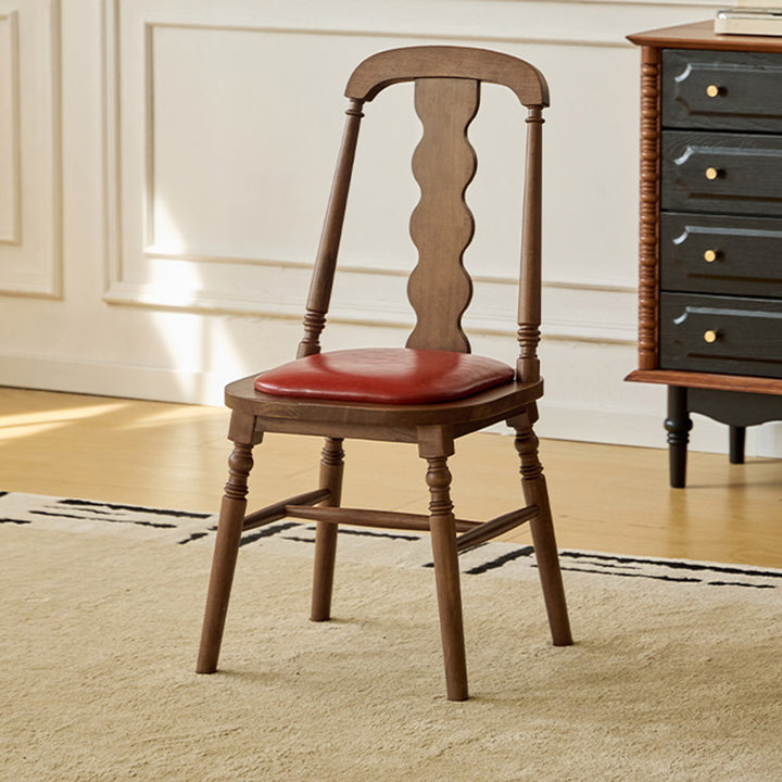Chaise de salle à manger carrée cylindrique en bois d’hévéa vintage traditionnel avec revêtement en PU cuir et dossier, pour salle à manger 