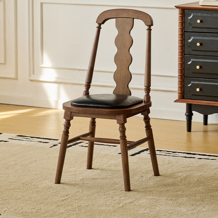 Chaise de salle à manger carrée cylindrique en bois d’hévéa vintage traditionnel avec revêtement en PU cuir et dossier, pour salle à manger 