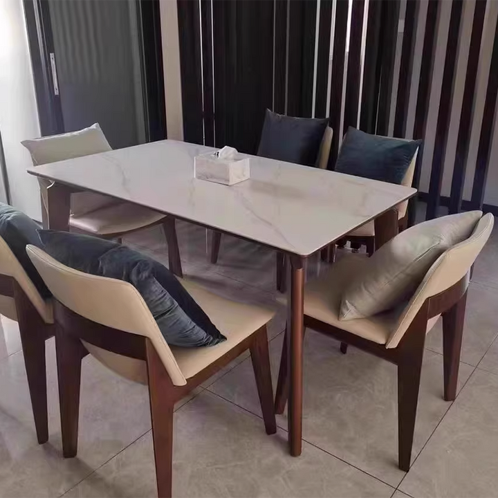 Moderner skandinavischer Esszimmerstuhl mit quadratischer Rückenlehne aus Eschenholz und Mikrofaserleder für das Esszimmer 
