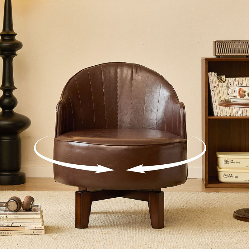 Traditional Chinese Rubber Wood Faux Oil Wax Leather Curved Swivel Accent Chair With Backrest For Living Room