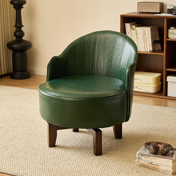 Traditional Chinese Rubber Wood Faux Oil Wax Leather Curved Swivel Accent Chair With Backrest For Living Room