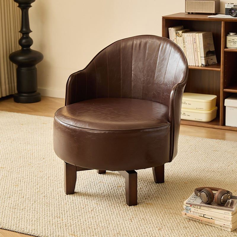 Traditional Chinese Rubber Wood Faux Oil Wax Leather Curved Swivel Accent Chair With Backrest For Living Room