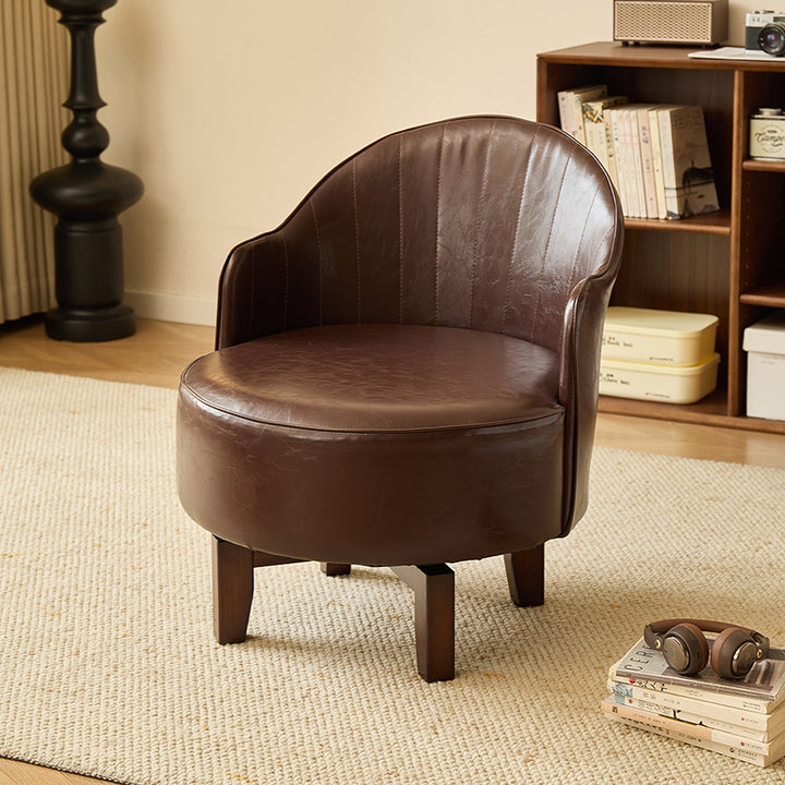 Traditional Chinese Rubber Wood Faux Oil Wax Leather Curved Swivel Accent Chair With Backrest For Living Room