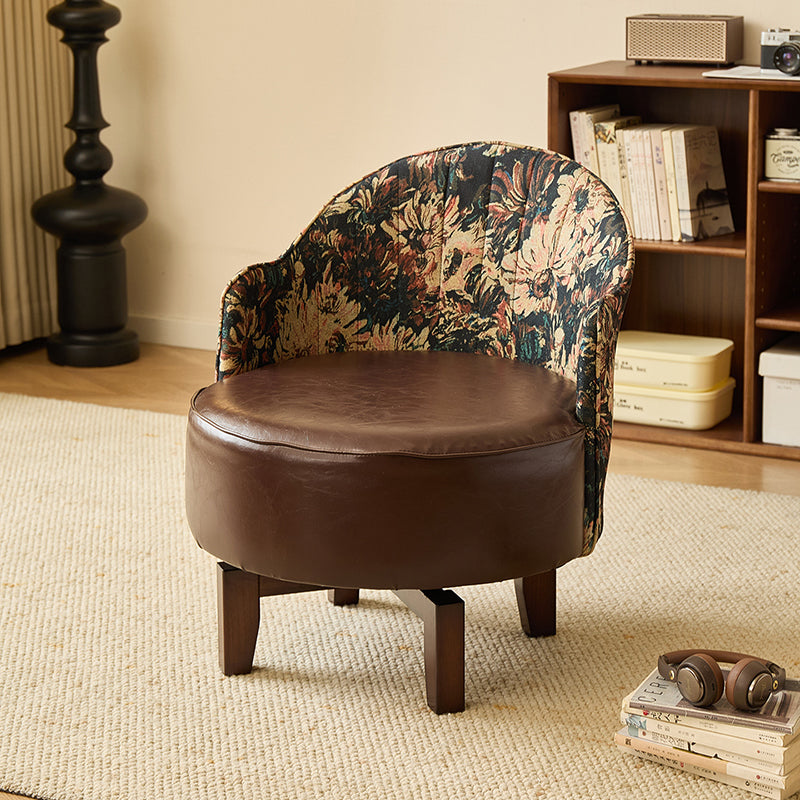 Traditional Chinese Rubber Wood Faux Oil Wax Leather Curved Swivel Accent Chair With Backrest For Living Room