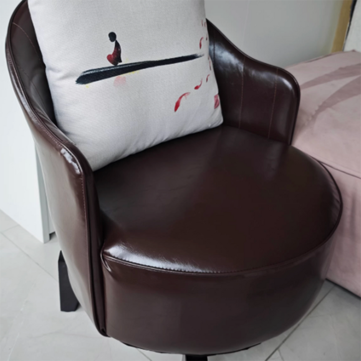 Traditional Chinese Rubber Wood Faux Oil Wax Leather Curved Swivel Accent Chair With Backrest For Living Room