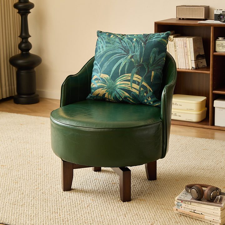 Traditional Chinese Rubber Wood Faux Oil Wax Leather Curved Swivel Accent Chair With Backrest For Living Room
