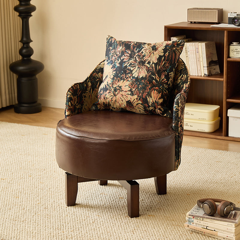 Traditional Chinese Rubber Wood Faux Oil Wax Leather Curved Swivel Accent Chair With Backrest For Living Room