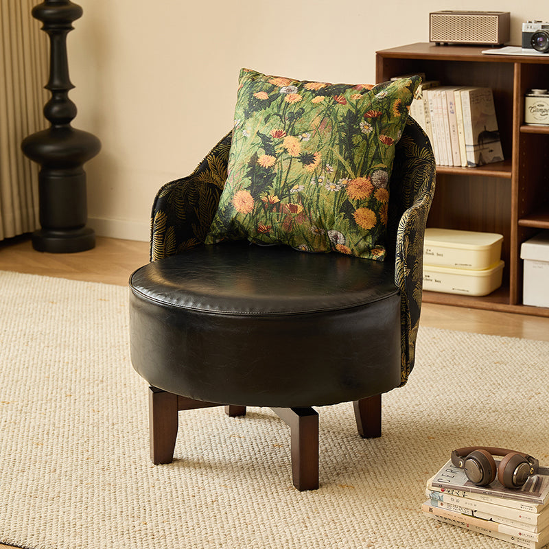 Traditional Chinese Rubber Wood Faux Oil Wax Leather Curved Swivel Accent Chair With Backrest For Living Room