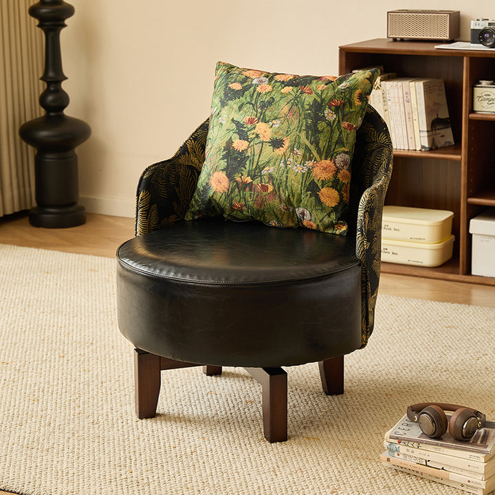Traditional Chinese Rubber Wood Faux Oil Wax Leather Curved Swivel Accent Chair With Backrest For Living Room