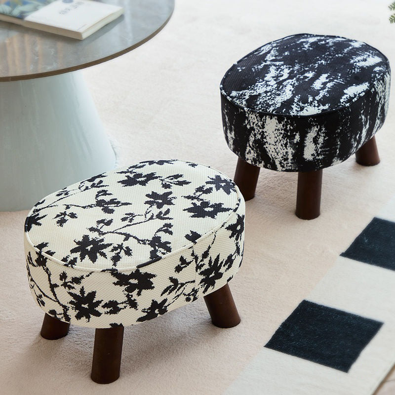 Traditional Chinese Fabric Pine Wood Round Cylindrical Low Stool For Living Room