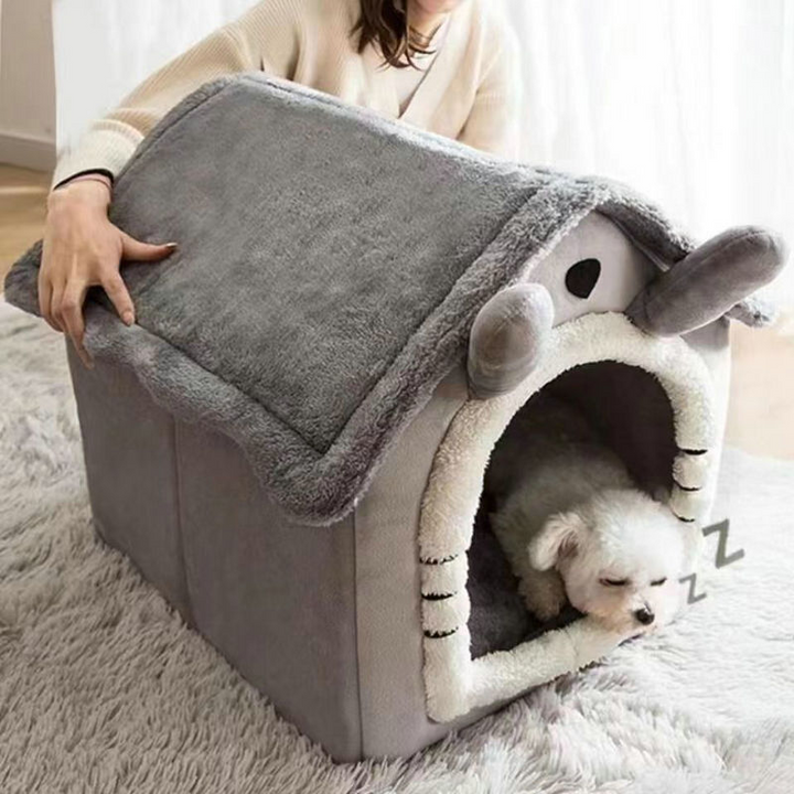 Casa para perros de tela afelpada estilo Art Decó moderno en forma de casa, casa cerrada para mascotas para la sala de estar 