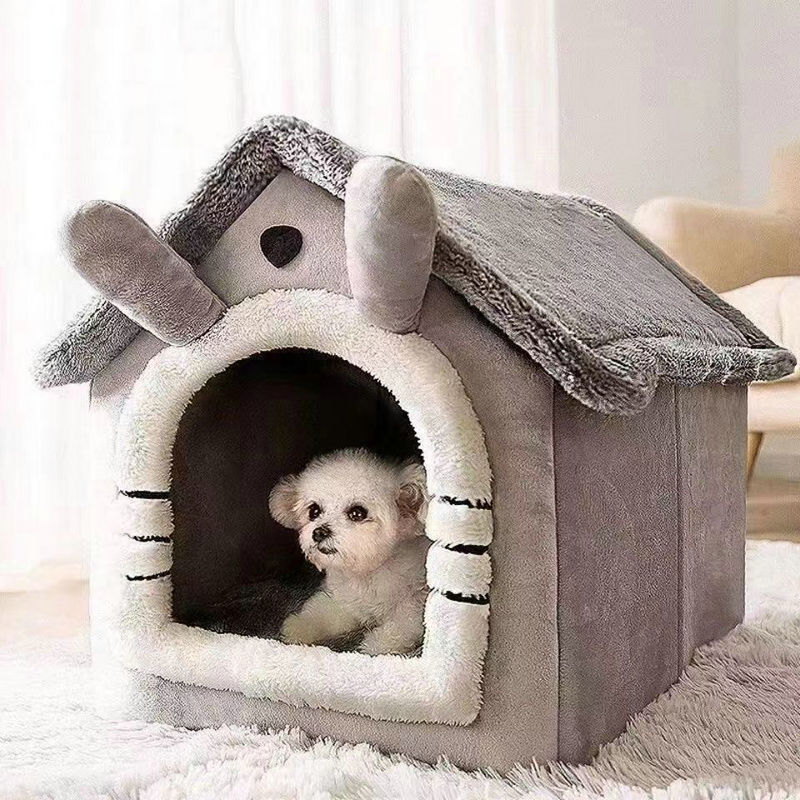モダンなアールデコ調の豪華な布製ハウス型犬用ベッド、リビングルーム向けの囲まれたペットハウス 