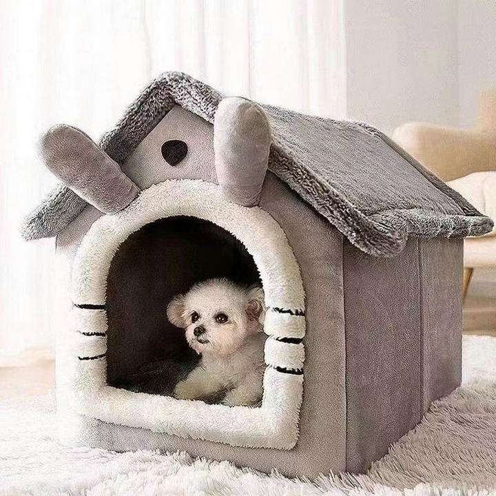 Casa para perros de tela afelpada estilo Art Decó moderno en forma de casa, casa cerrada para mascotas para la sala de estar 