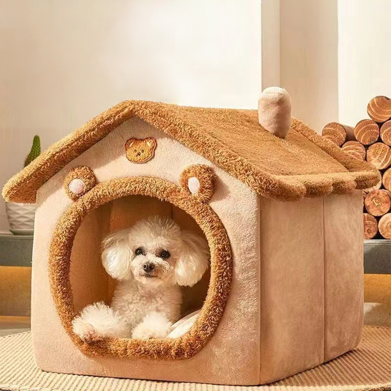 モダンなアールデコ調の豪華な布製ハウス型犬用ベッド、リビングルーム向けの囲まれたペットハウス 