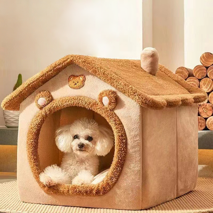 Casa para perros de tela afelpada estilo Art Decó moderno en forma de casa, casa cerrada para mascotas para la sala de estar 