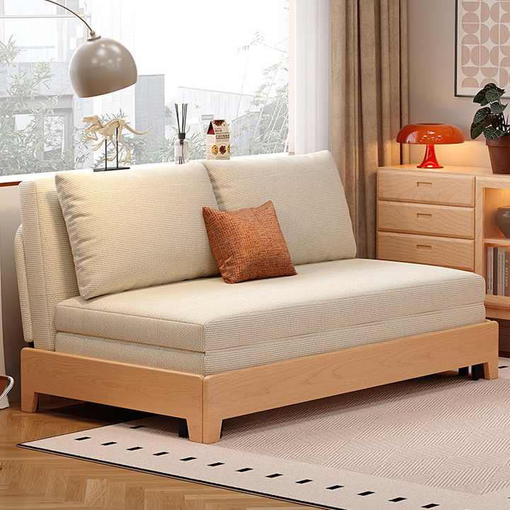 Sofá cama convertible rectangular plegable de madera maciza, acero y lino, estilo minimalista moderno, para sala de estar 