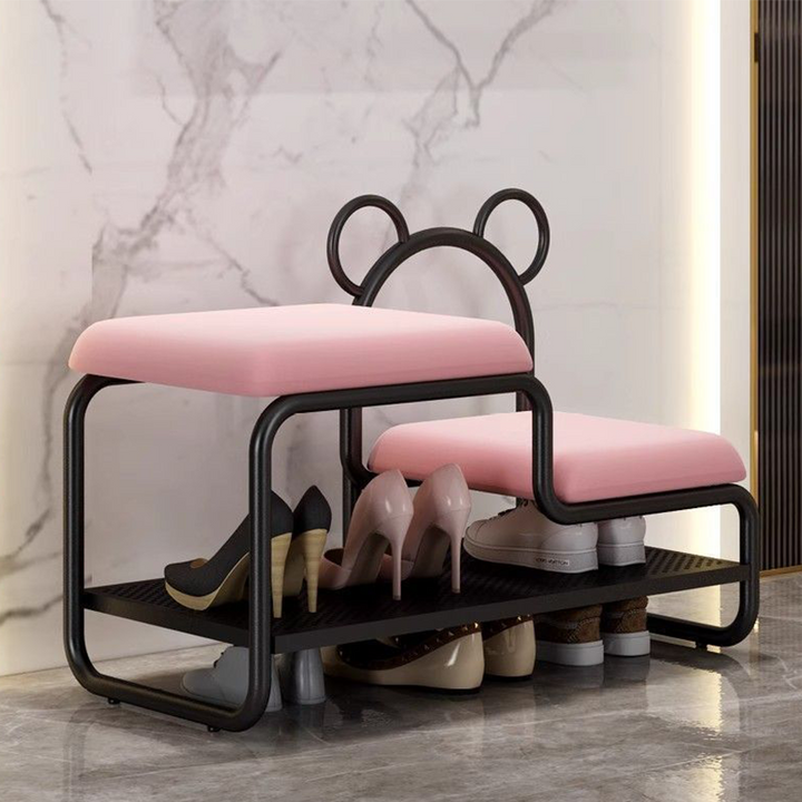 Contemporary Scandinavian PU Leather Metal Bear Shape Rectangular Shoe Bench 1-Tier For Living Room