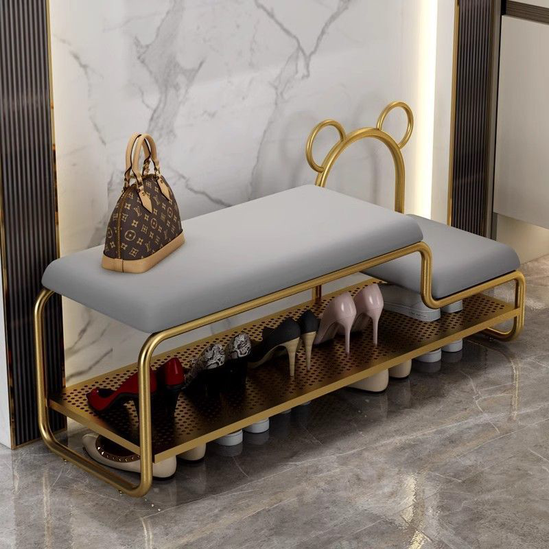 Contemporary Scandinavian PU Leather Metal Bear Shape Rectangular Shoe Bench 1-Tier For Living Room