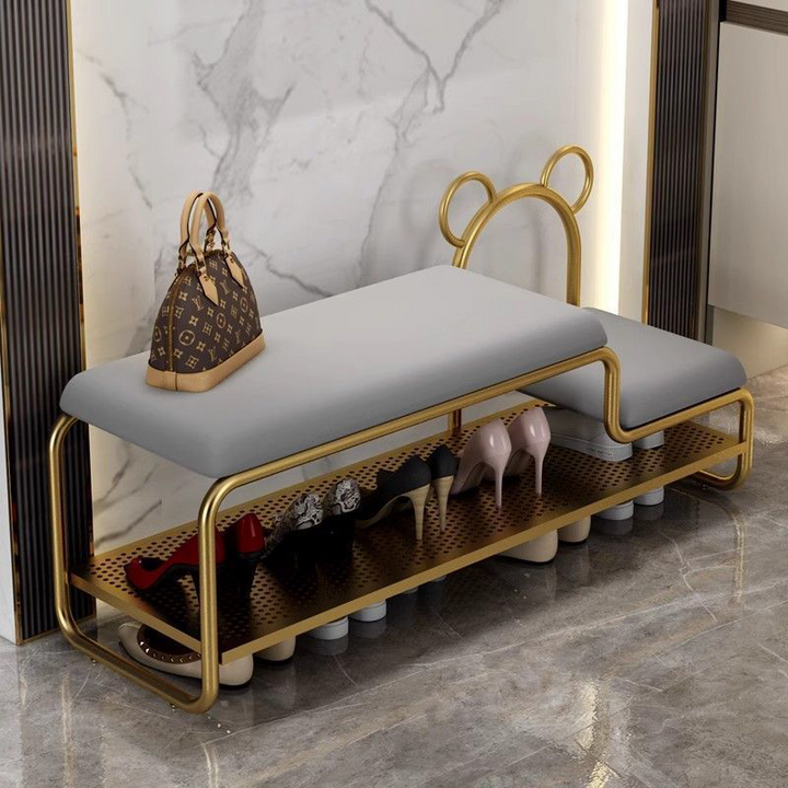 Contemporary Scandinavian PU Leather Metal Bear Shape Rectangular Shoe Bench 1-Tier For Living Room